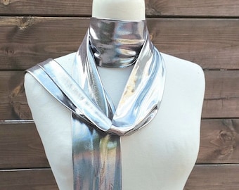 Metallic Silver Scarf, Silver Skinny Scarf, Silver Print Shimmering Lurex Scarf, Scarf Headband,  Women's Skinny Scarf, Necktie, Headband