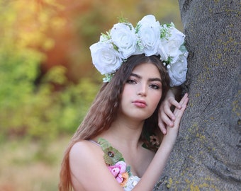 White Rose Flower Crown, Mexican Flower Crown, Day of the Dead Floral Crown, Frida Flower Crown,  Mexican Headpiece