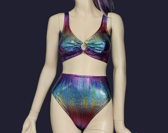 Holographic Rainbow Rave outfit women set ,  Festival Set, Rave Set, Festival Outfit