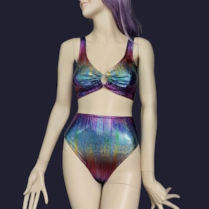 Holographic Rainbow Rave outfit women set ,  Festival Set, Rave Set, Festival Outfit