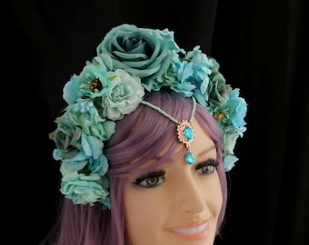 Aqua Blue Turquoise Flower Crown, forêt de couronne de fée, casque floral, costume de fée de l'eau, casque floral Aqua, , Fairy Cosplay