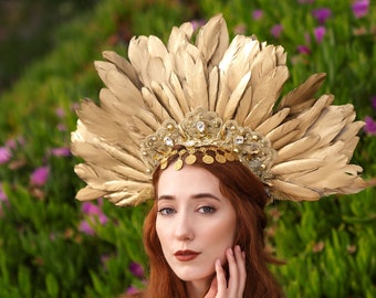 Gold Feder Krone, Kleopatra ägyptische Königin, Gold Göttin Kopfschmuck, Gold Hohe Priesterin Kopfschmuck, Gold Federn Halo Kopfschmuck
