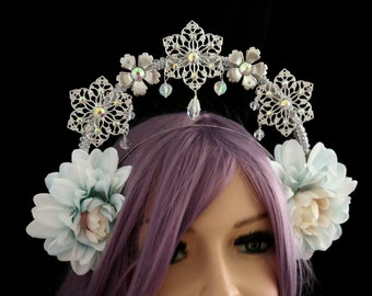 Water fairy  halo headpiece, Floral halo headpiece, Fairy Crown, Silver filigree Tiara Crown, Nymph crown, Ice Queen crown fantasy headpiece