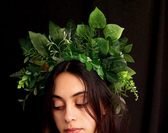 Mother Earth Goddess headdress, Woodland Fairy Crown, Green forest headdress, Foliage leaf headpiece, Earth goddess, Fairy Cosplay