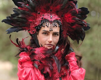 Feather Halo Crown – Red Black Gothic Headpiece, Festival  display picture 2