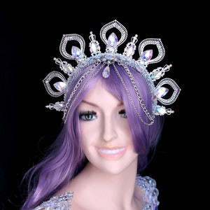 Silver and AB crystal  Princess crown tiara, Silver filigree Tiara Crown, metal lace tiara, Silver wedding crown, High Priestess headpiece
