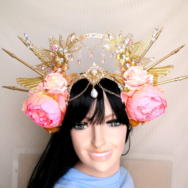 Pink Fairy Crown , Pink floral halo headpiece, wing Fairy Flower crown, halo crown with flowers, fantasy head piece