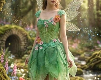 green dress fairy name – Woodland Fantasy Corset Costume – Floral Fairycore Outfit emerald green bridesmaid dresses