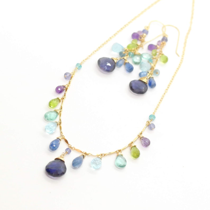 Multi Gemstone Necklace Blue Gemstone Drop Necklace Gold Filled Iolite Blue Topaz Aqua Blue Necklace Rainbow Necklace Apatite Necklace