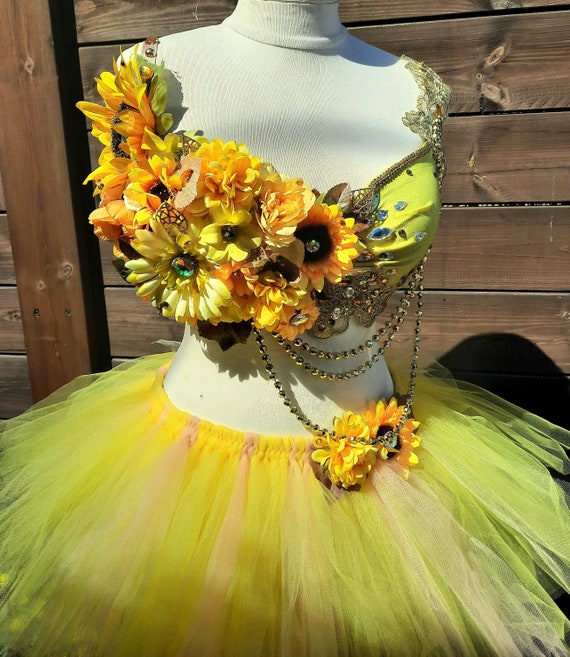Adult Fairy Costume, Yellow Fairy Bra and Tutu, Fairy Rave Bra and