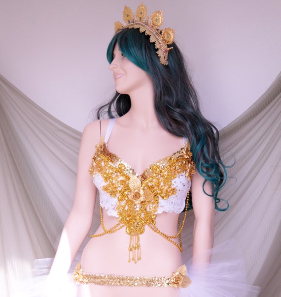Gold and White Princess Floral Rave Outfit Rave Bra and Half Tutu