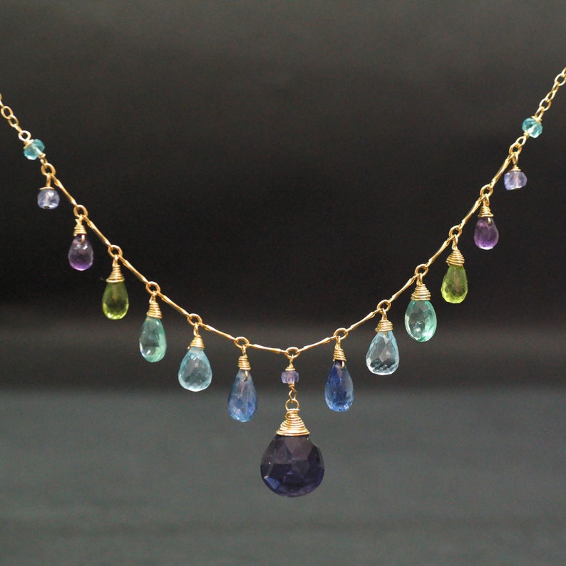 Multi Gemstone Necklace Blue Gemstone Drop Necklace Gold Filled Iolite Blue Topaz Aqua Blue Necklace Rainbow Necklace Apatite Necklace