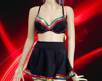 Rainbow Rave top and skirt set, Rainbow sequin Rave bra set, Rainbow Rave outfit, Rave Wear, rave bra and skirt, Rainbow EDC Outfit pride