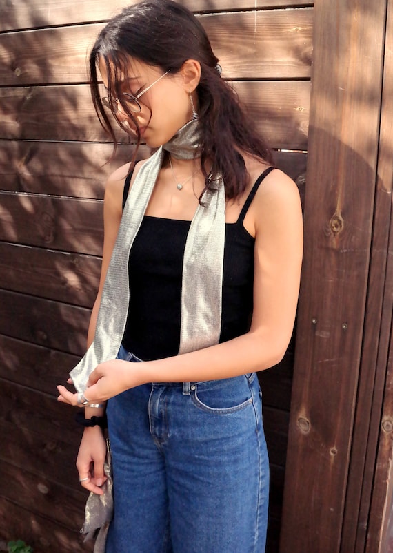 Silver Print Shimmering Lurex Scarf, Silver and Gold Skinny
