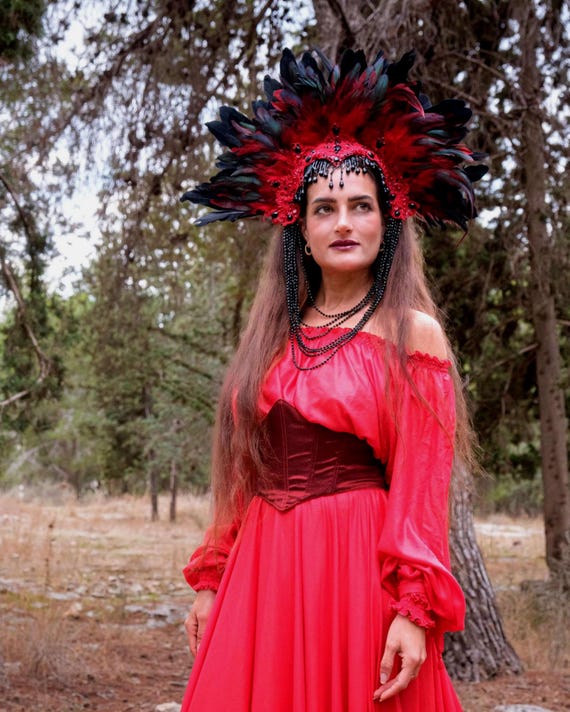 Feather Halo Crown - Red Black Gothic Headpiece, Festival Crown, Burning Man Headdress, Statement Headpiece
