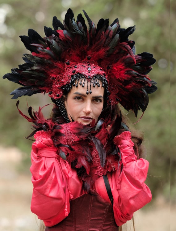 Gothic Feather Tiara Halo Headdress , Red and Black Gothic  display picture 2