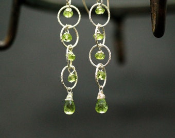 Peridot Earrings, Peridot Green Gemstone Dangle. Long  Earrings, Green gem Earrings Silver