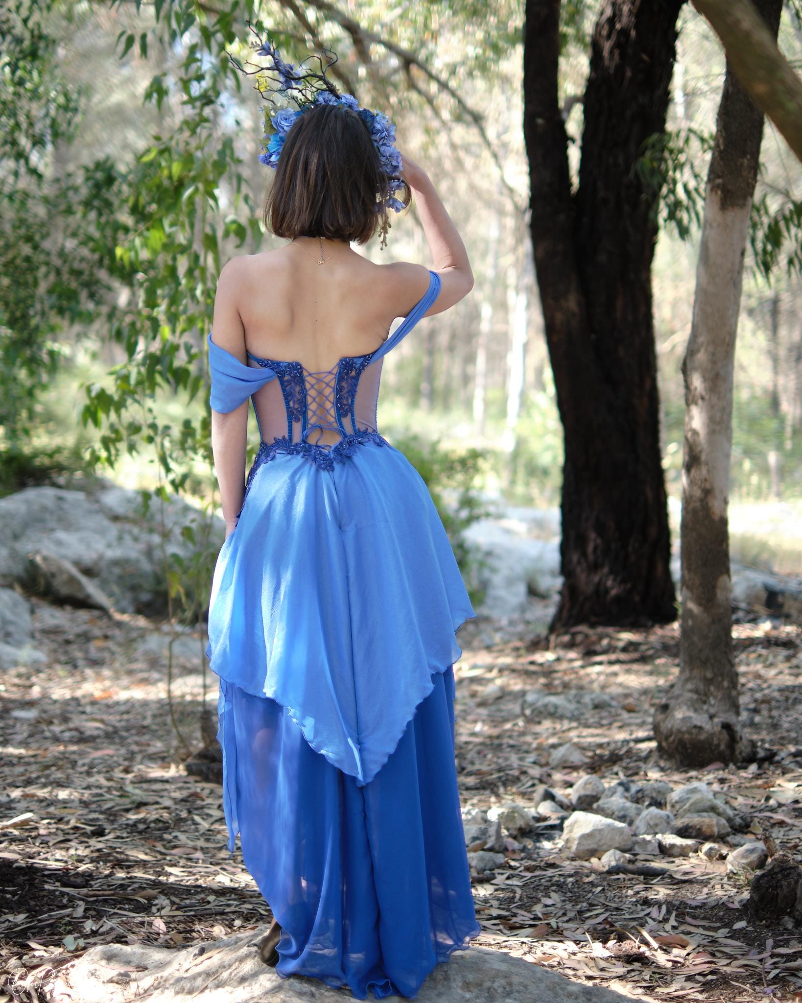 Blue Chiffon Fairy Corset Gown, Handcrafted Elven Forest Goddess Outfit, Beaded Lace Appliqué