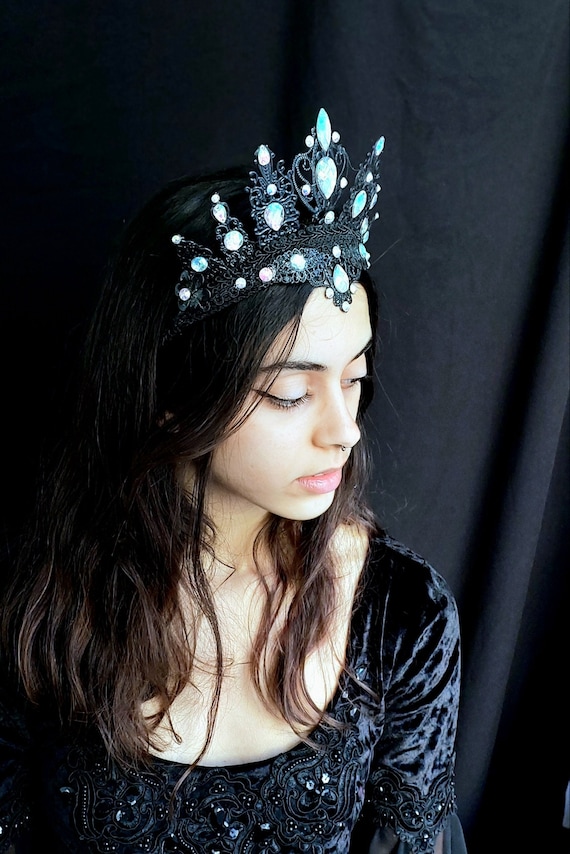 Black Gothic Evil Queen Crown, AB Rhinestone Headdress