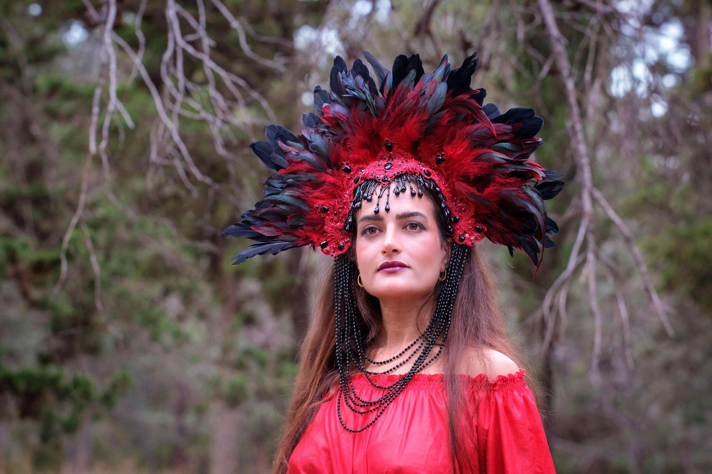 Gothic Feather Tiara Halo Headdress , Red and Black Gothic 