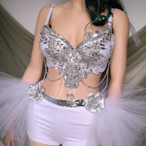 White Rave Bra and Half TuTu Bustle, Silver White Rave Bra made to order, Ice Princess, Snow Angel, Bridal Bra, Diamond Princess Costume