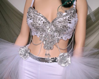 White Rave Bra and Half TuTu Bustle, Silver White Rave Bra made to order, Ice Princess, Snow Angel, Bridal Bra, Diamond Princess Costume