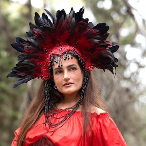 Feather Halo Crown – Red Black Gothic Headpiece, Festival Crown, Burning Man Headdress, Statement Headpiece