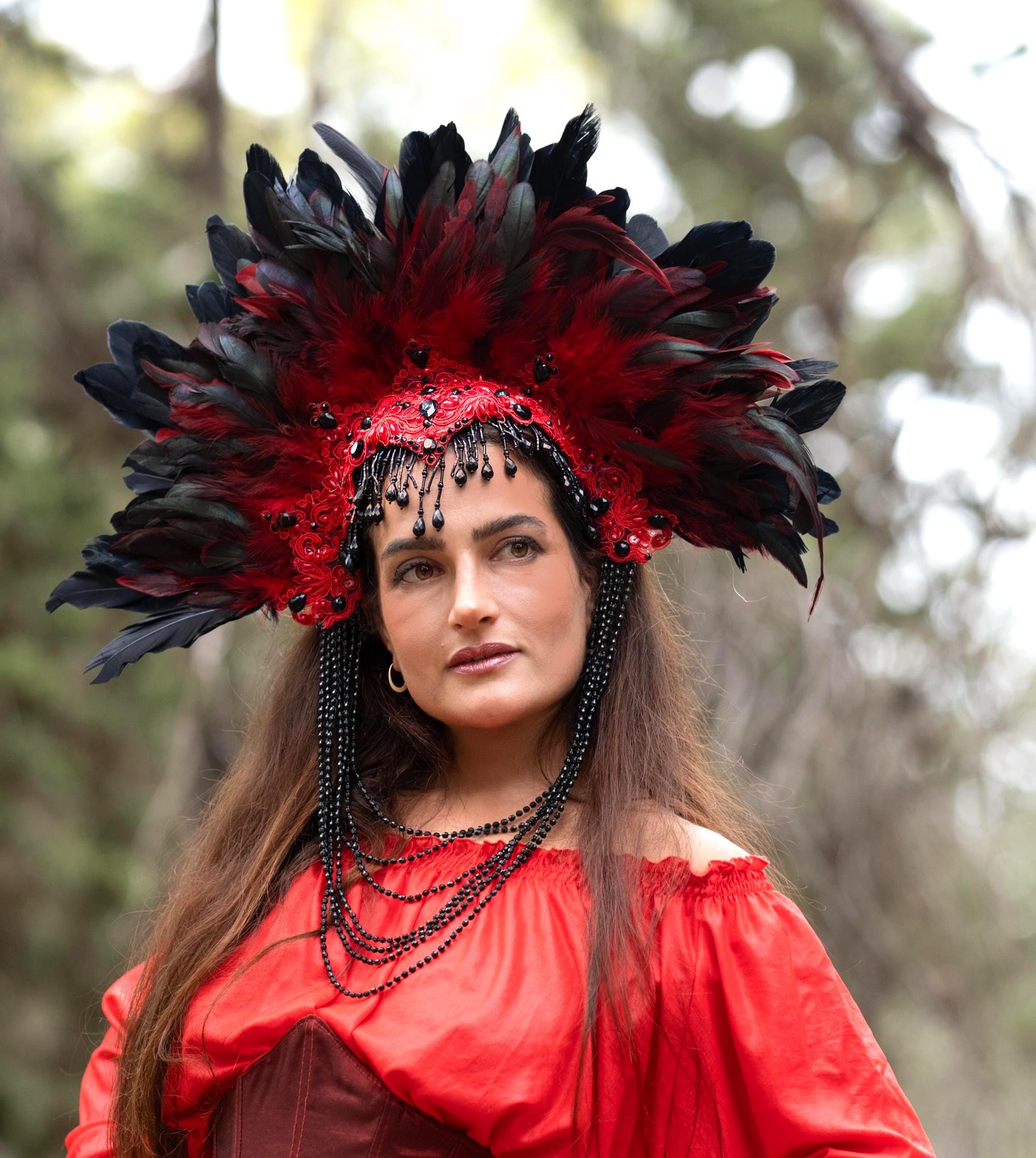 Feather Halo Crown – Red Black Gothic Headpiece, Festival  display picture 3