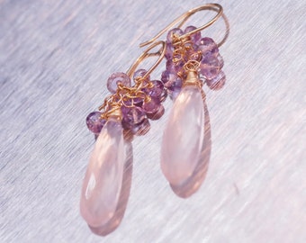 Rose Quartz Dangle Earrings, Rose Quartz and Pink Amethyst Earring, Rose Quartz Gold Filled Long Earrings, Pink Gemstone Earrings