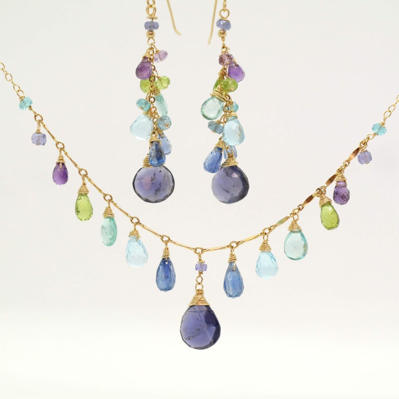 Multi Gemstone Necklace Blue Gemstone Drop Necklace Gold Filled Iolite Blue Topaz Aqua Blue Necklace Rainbow Necklace Apatite Necklace