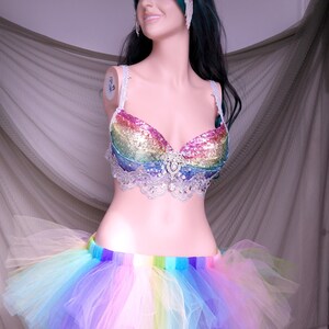 May include: A rainbow sequined bra with a silver lace trim and a matching rainbow tulle tutu skirt.