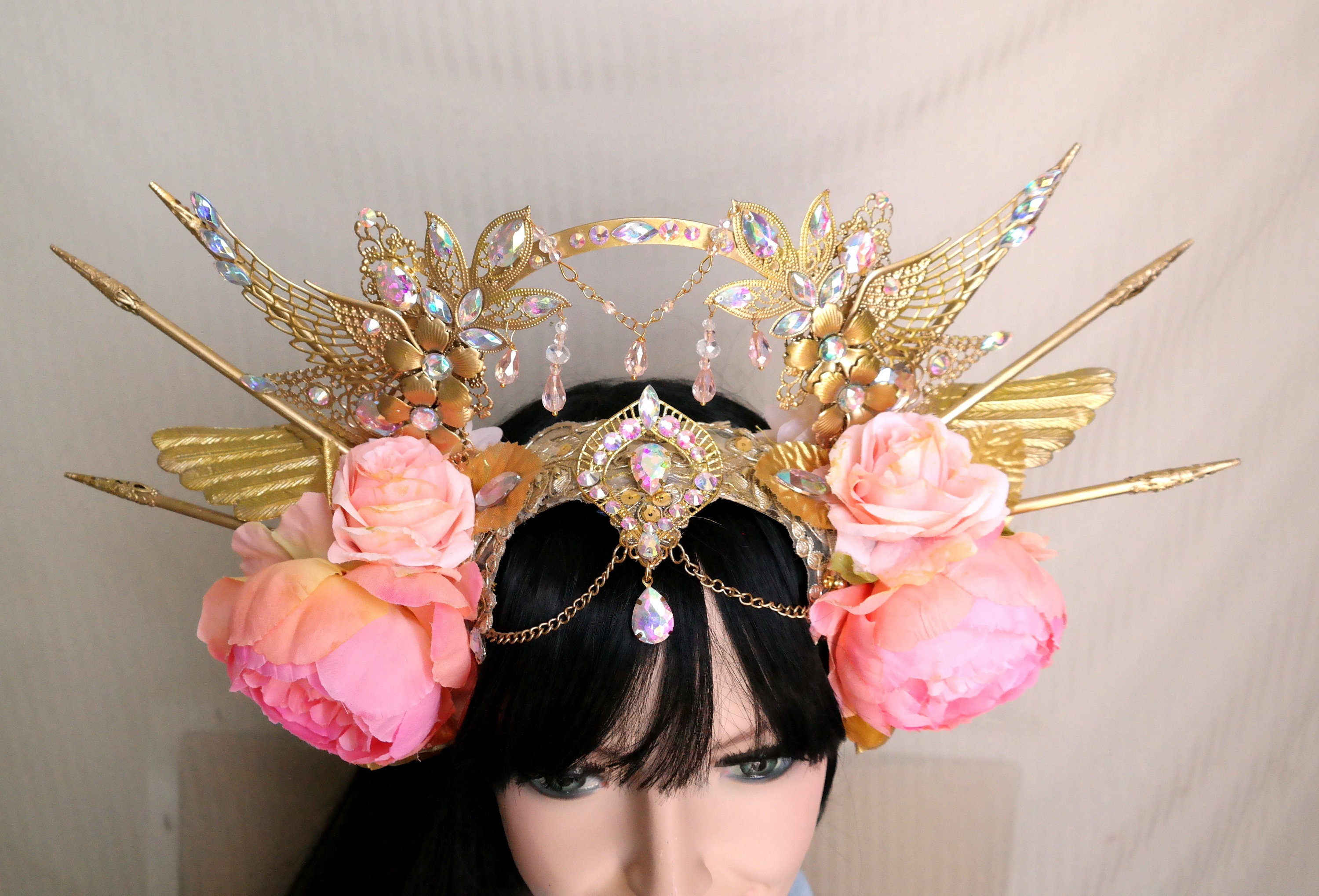 Pink Fairy Crown , Pink Floral Halo Headpiece, Wing Fairy 