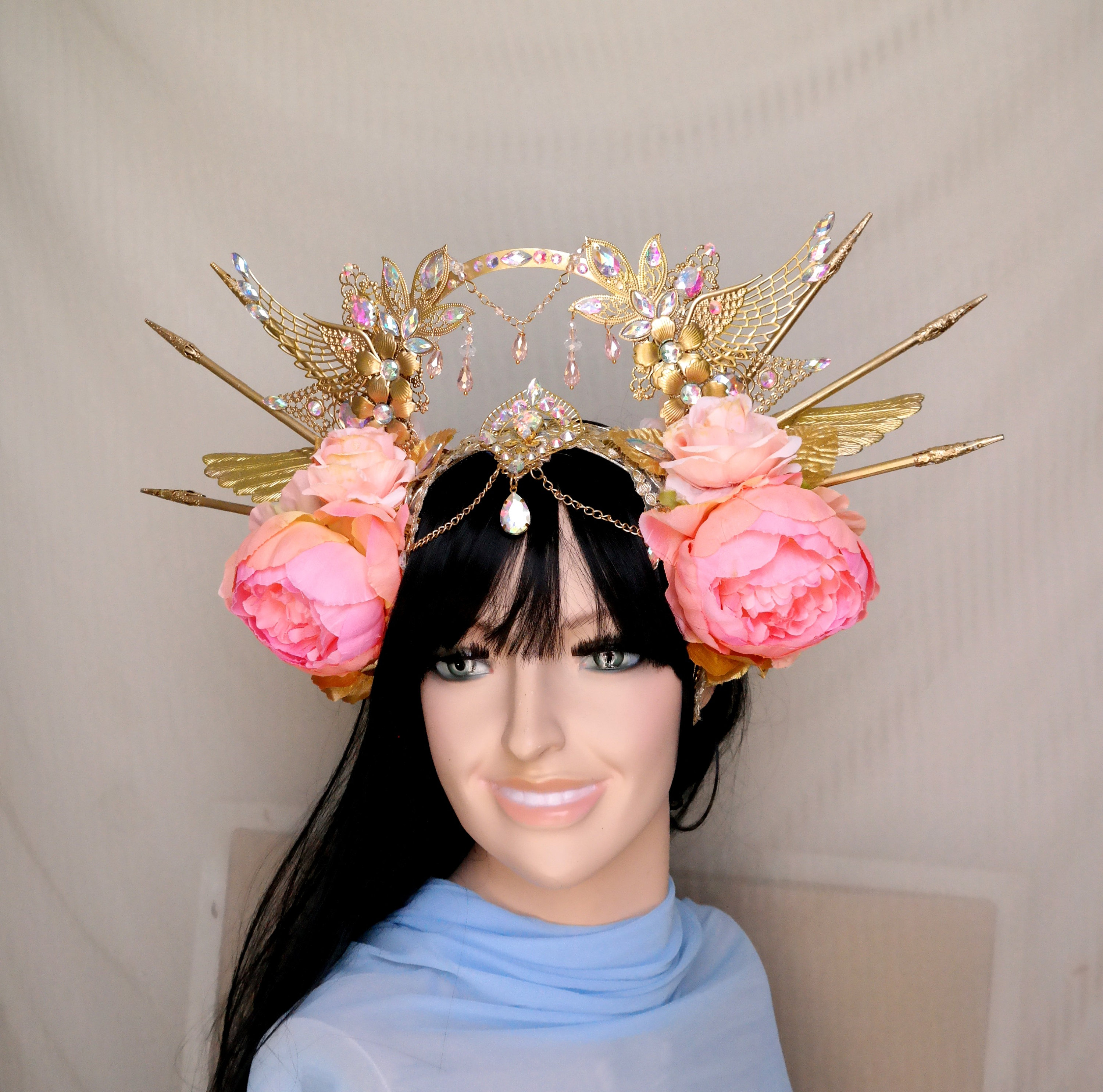 Vintage Pink Silk Flower Crown Halo Pink & Green Fairy Flower Halo Headpiece: Spring Fairy Crown  main image 2