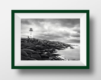 Peggy's Cove Lighthouse, Nova Scotia, B&W Fine-art print with mat – Canadiana Series.