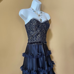 VINTAGE Betsey Johnson Dress Strapless Navy Blue Tiered, Mint condition