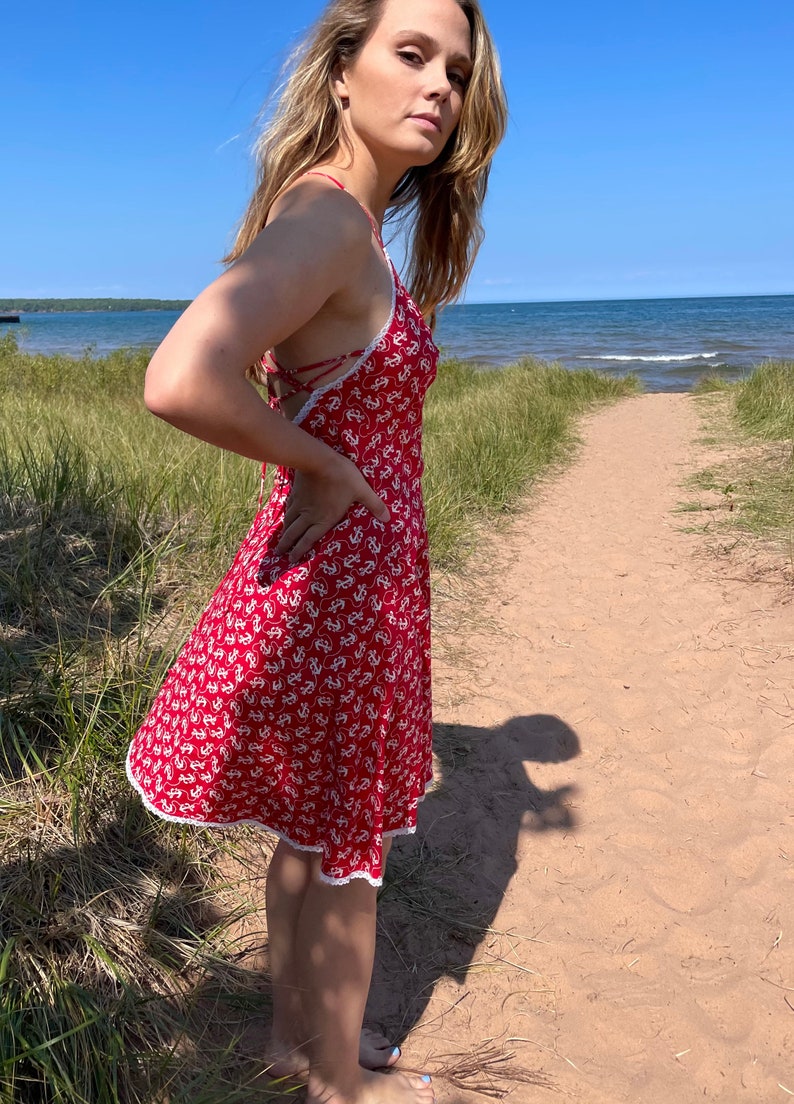 VINTAGE Betsey Johnson, sweet summer dress, red with white nautical pattern image 3