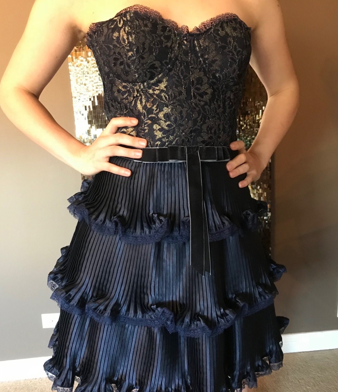 VINTAGE Betsey Johnson Dress Strapless Navy Blue Tiered, Mint  