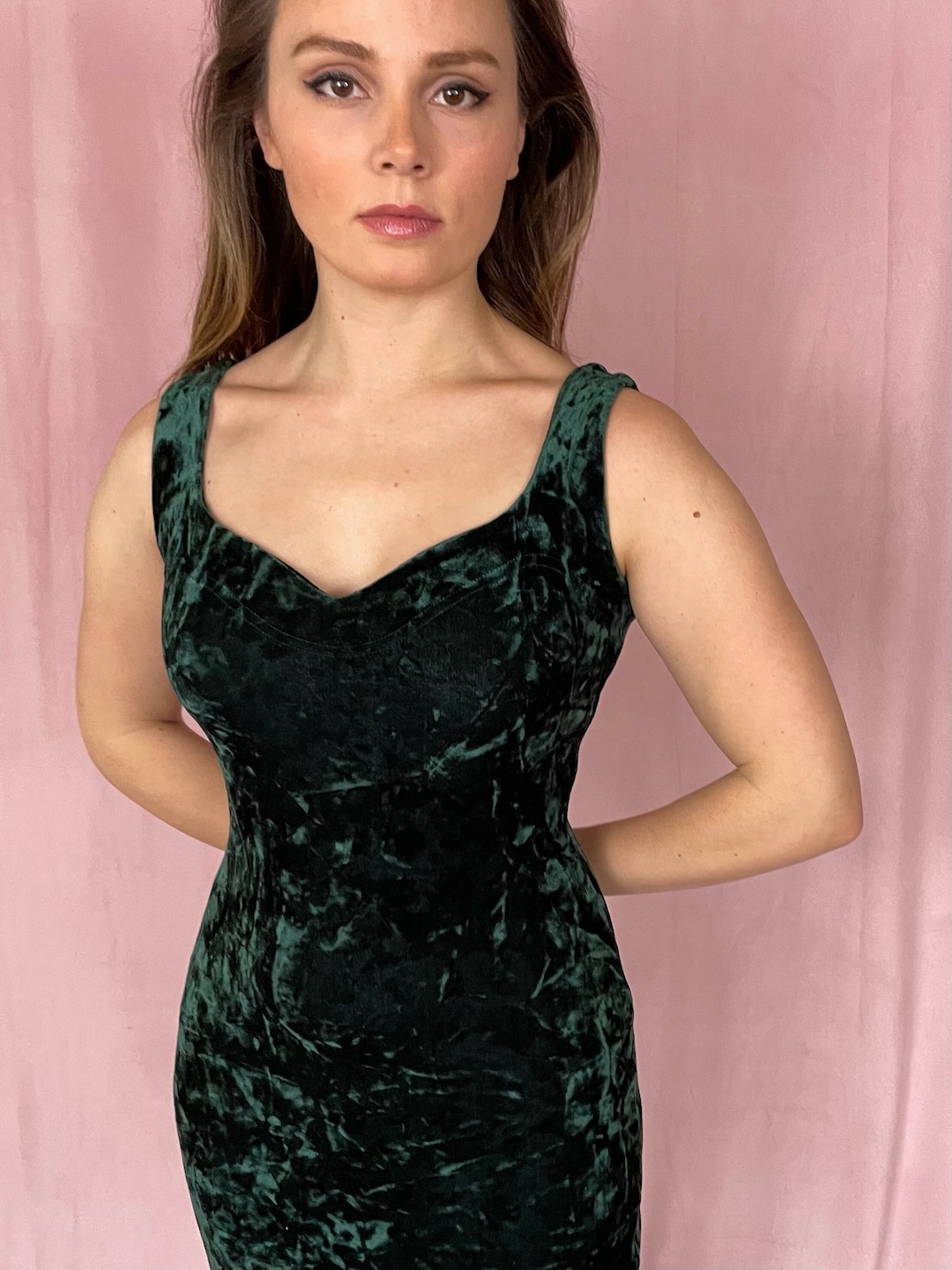 slim fit dress slacks Raven Crepe and Velvet Dress in Dark-Green – Rhea Costa main image 0