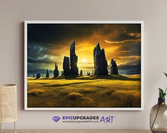 May include: A digital painting of a fantasy landscape with tall, gray stone pillars in a field of yellow grass. The sky is a vibrant orange and yellow with dark clouds and lightning. The sun is setting in the distance.