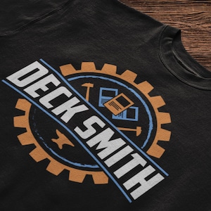 May include: Black sweatshirt with a white and blue logo that says "DECK SMITH" in a gear shape with tools and a blue background.