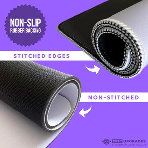 Choose from non-stitched or anti-fray stitched edges. All playmats are made with a non-slip neoprene rubber back and high quality polyester cloth top to protect your cards