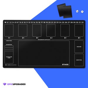 May include: Black gaming mat with white lines and text. The mat has spaces for cards, dice, and tokens. The text on the mat includes "1+", "2+", "3+", "4+", "5+", "6+", "Progressive Difficulty", "Card Pool", "Momentum", "Character Card", "Stage", "Discard", and "Epic Upgrades".