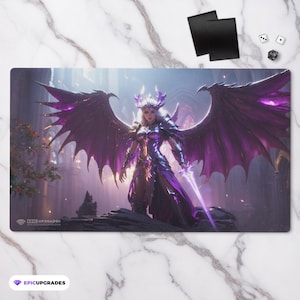 May include: A fantasy illustration of a woman with purple wings and a sword, standing on a rock in a dark, gothic setting. She is wearing a silver and purple armor and has a crown on her head.