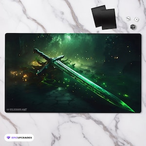 May include: A green glowing sword lies on a mossy surface in a dark forest setting. The sword has intricate details and a glowing green blade. The background is dark with a faint glow of green light.