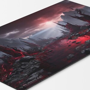 a breathtaking depiction of rakdos bloodstained mire red and black swamp mountains. dual land mana mtg player playmat. 24 by 14 inches cloth top rubber bottom.