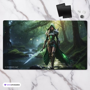 May include: A green-clad warrior woman stands in a lush forest, holding a glowing sword. She wears armor and a hooded cloak, with a determined expression on her face. The scene is filled with vibrant greens and blues, creating a magical and mystical atmosphere.