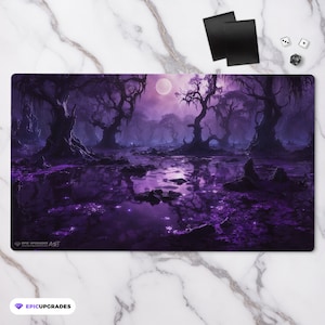 May include: A purple and black fantasy landscape with a full moon and trees reflected in a still body of water. The scene is reminiscent of a swamp or bog.