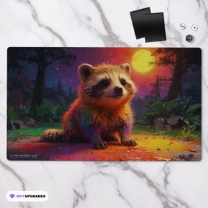 May include: A colorful, rainbow-painted raccoon cub sits in a forest clearing under a full moon. The raccoon is looking up at the moon with a sweet expression. The scene is painted in a whimsical style with vibrant colors.