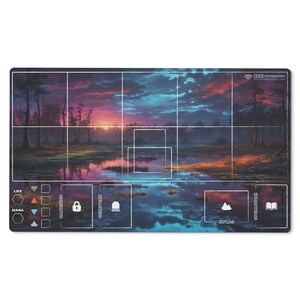 24x14” Sorcery: Contested Realm compatible playmat featuring fantasy island art with grid layout, deck zones, life and mana trackers, and labeled areas for Atlas, Spellbook, Banished, and Cemetery. Designed for organized gameplay and card tracking during Sorcery TCG matches.