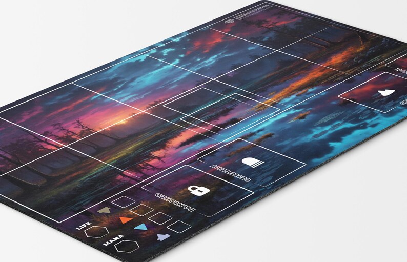 24x14” Sorcery: Contested Realm compatible playmat featuring fantasy island art with grid layout, deck zones, life and mana trackers, and labeled areas for Atlas, Spellbook, Banished, and Cemetery. Designed for organized gameplay and card tracking during Sorcery TCG matches.
